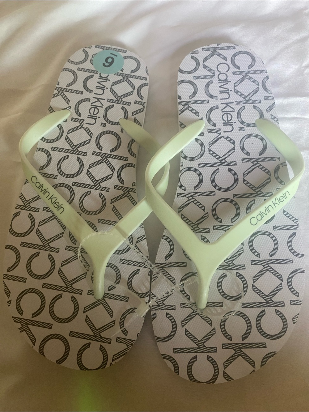 Calvin Klein Pale Green Logo Flip Flops Size 6